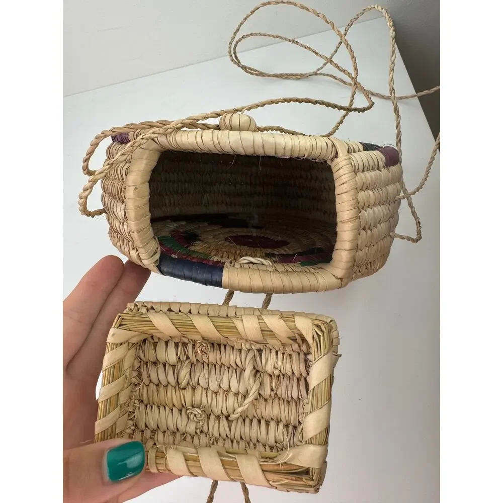 OOAK Tan Handbag Straw Hand Woven Circle Double Handle Strap Crossbody Bag